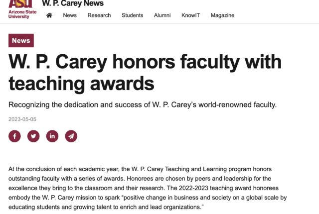 W. P. Carey honors faculty with teaching awards