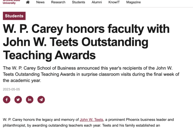 W. P. Carey honors faculty with John W. Teets Outstanding Teaching Awards